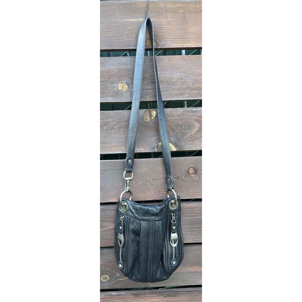 B.Makowsky Black Metallic Pebble‎ *Soft Leather Crossbody Chunky Silver Hardware